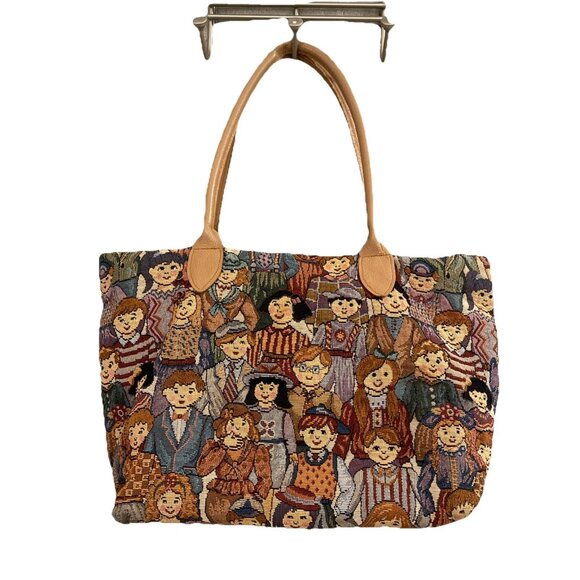Tapestry Tote Handled Purse With Children’s Faces Cottage Vintage Zip Close Fun - Picture 1 of 8